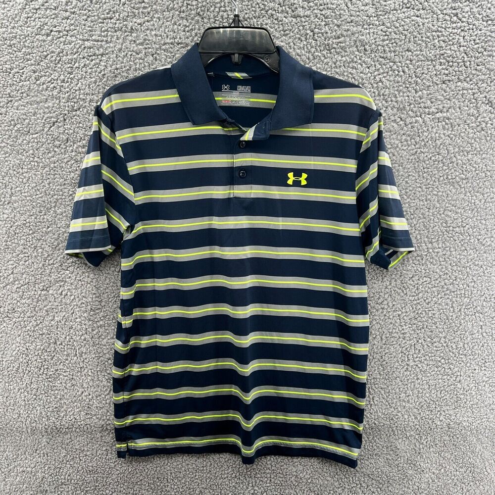Men UA Under Armour Heatgear Short Sleeve Polo Shirt M Blue/Gray/Yellow Stripe